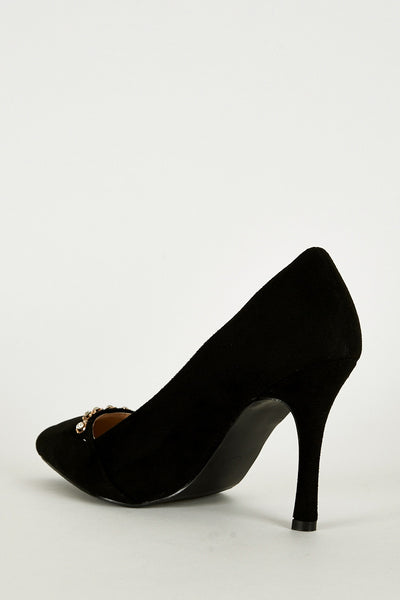 Faux Suede Court Shoe with Chain Detail in Black