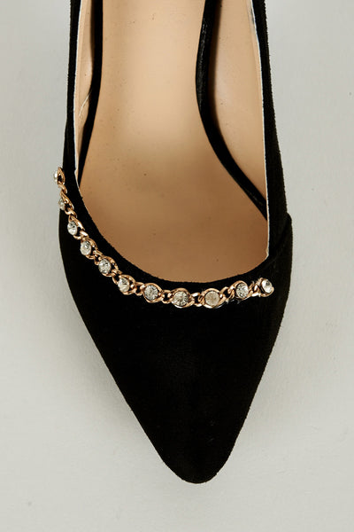 Faux Suede Court Shoe with Chain Detail in Black