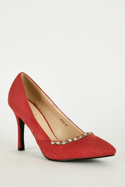 Faux Suede Court Shoe with Chain Detail in Dark Pink