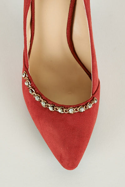 Faux Suede Court Shoe with Chain Detail in Dark Pink