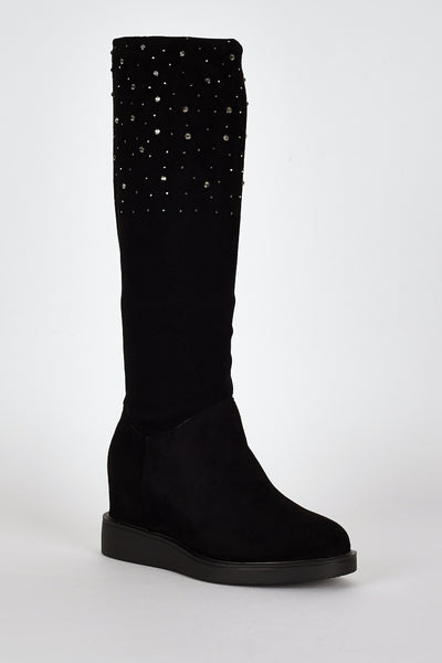 Black Suedette Diamante Detail Hidden Wedge Boots