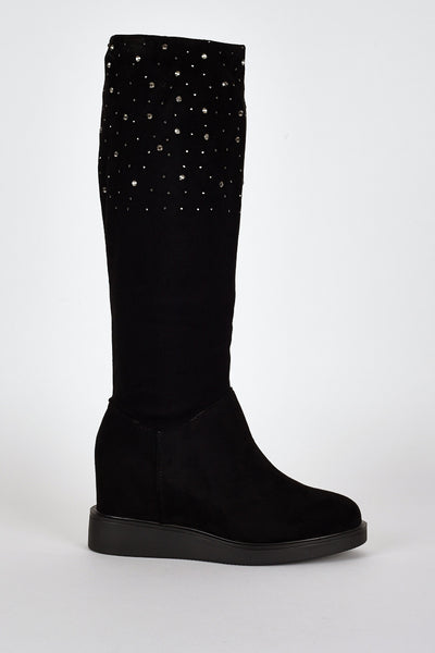 Black Suedette Diamante Detail Hidden Wedge Boots