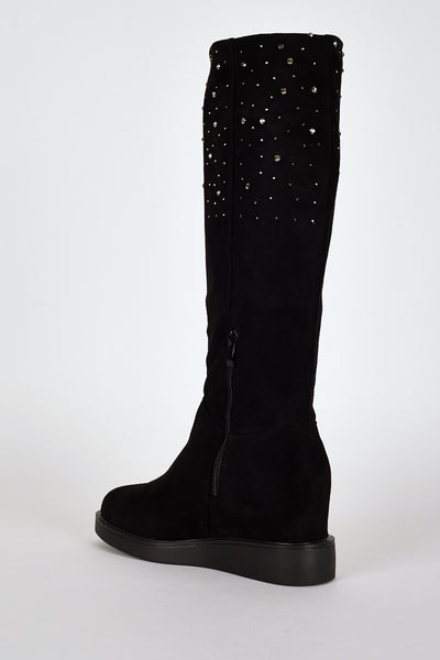 Black Suedette Diamante Detail Hidden Wedge Boots