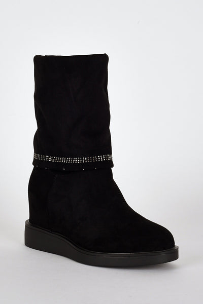 Black Suedette Diamante Detail Hidden Wedge Boots