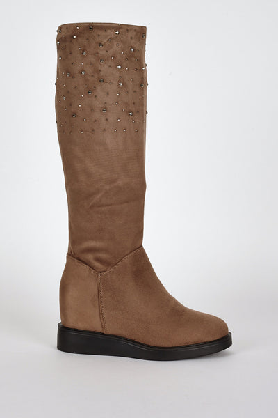 Brown Suedette Diamante Detail Hidden Wedge Boots