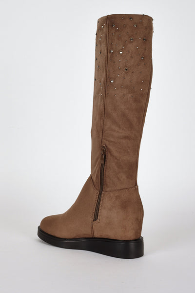 Brown Suedette Diamante Detail Hidden Wedge Boots