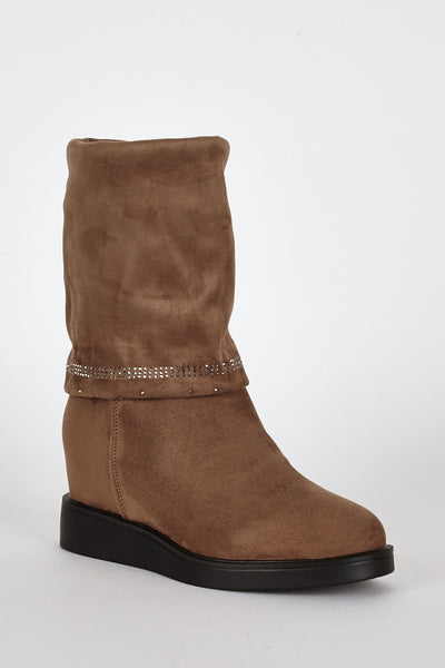 Brown Suedette Diamante Detail Hidden Wedge Boots