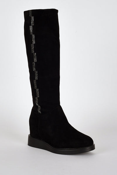 Diamante Side Detail Hidden Wedge Fitted Boots