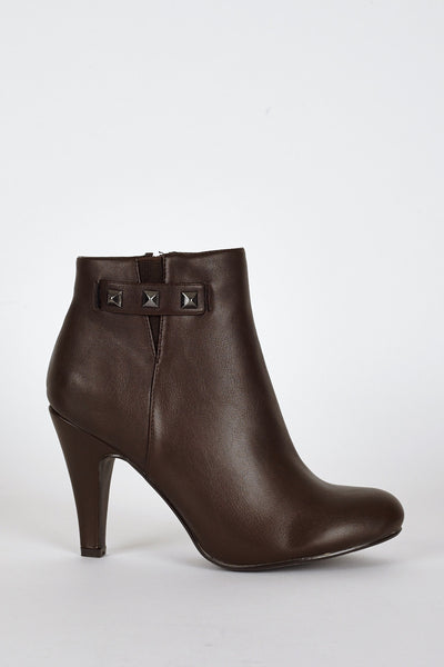 Dark Brown Side Stud Detail High Heel Ankle Boots