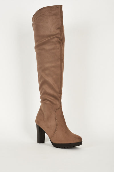 Block Heels Faux Suedette Knee High Boots