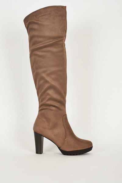 Block Heels Faux Suedette Knee High Boots