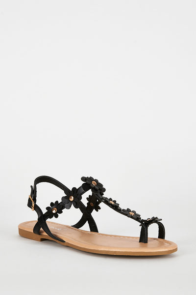 Black Flower Detail Toe Post Sandal