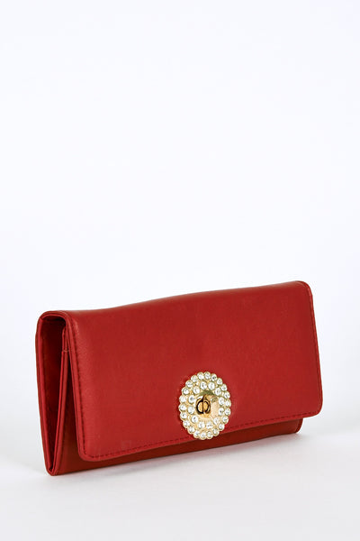 Diamante Detail Clasp Purse In Red