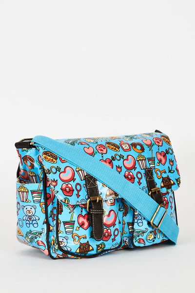 Blue Printed Zip Fastening Satchel Bag