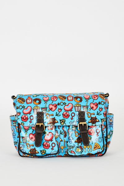 Blue Printed Zip Fastening Satchel Bag