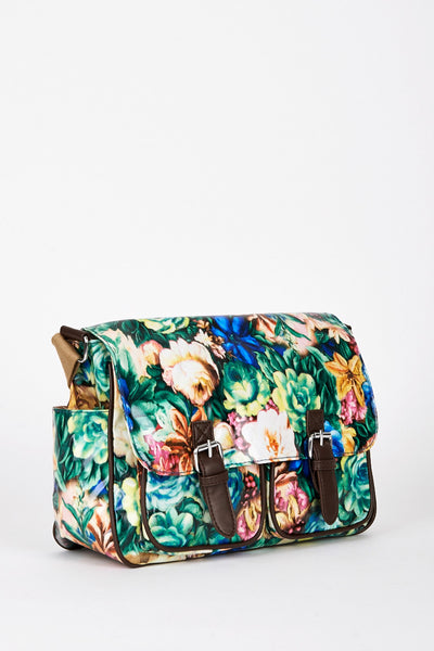 Dark Blue and Green Floral Print Satchel Bag