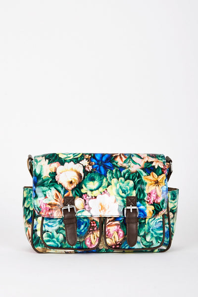 Dark Blue and Green Floral Print Satchel Bag