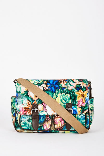 Dark Blue and Green Floral Print Satchel Bag