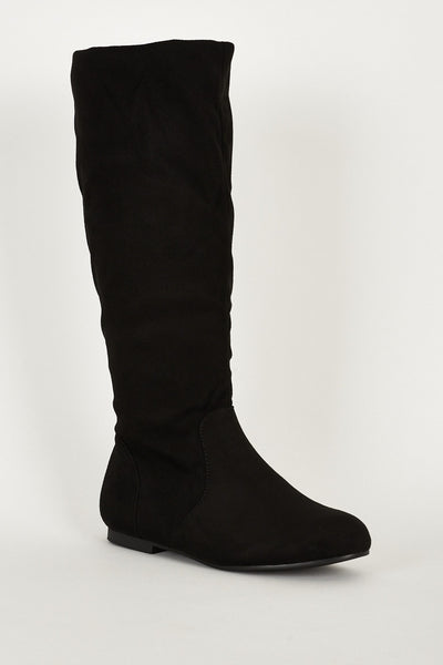 Faux Suede Flat Black Stylish Calf Boots