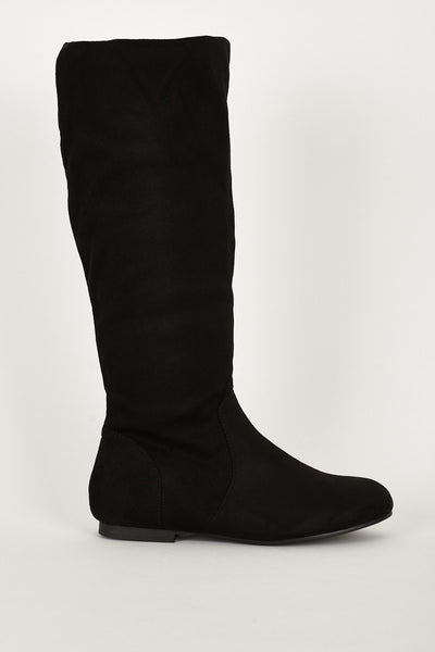 Faux Suede Flat Black Stylish Calf Boots