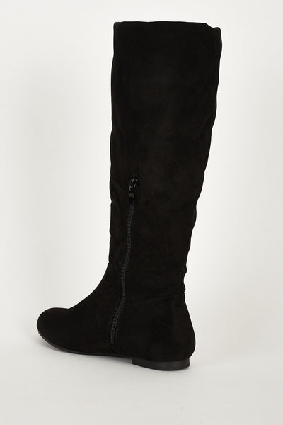 Faux Suede Flat Black Stylish Calf Boots