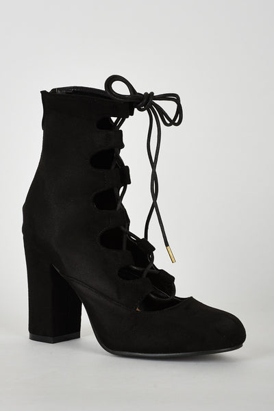 Lace Up Faux Suede Ankle Boot in Black