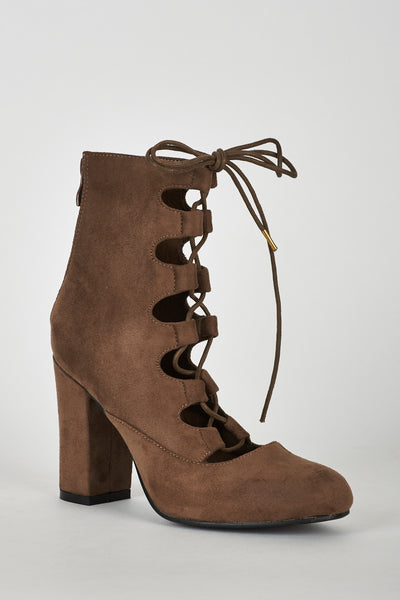 Lace Up Faux Suede Ankle Boot in Light Brown