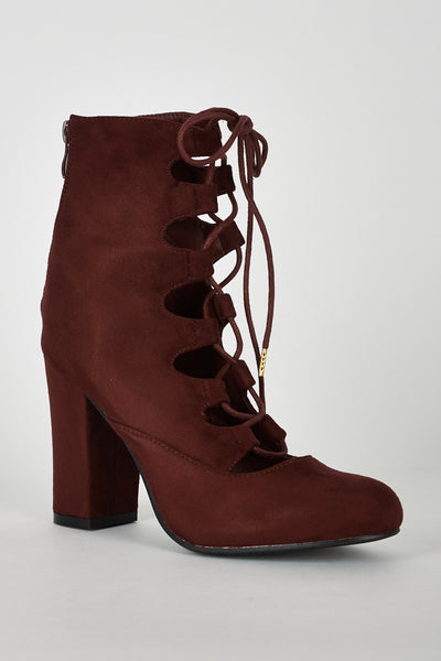 Lace Up Faux Suede Ankle Boot in Burgundy Red