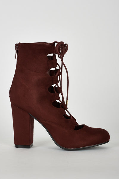 Lace Up Faux Suede Ankle Boot in Burgundy Red