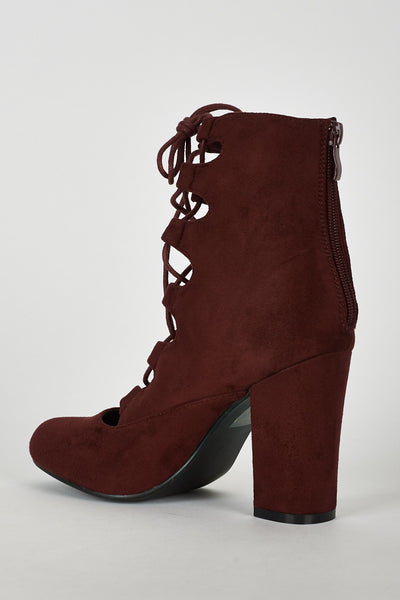 Lace Up Faux Suede Ankle Boot in Burgundy Red