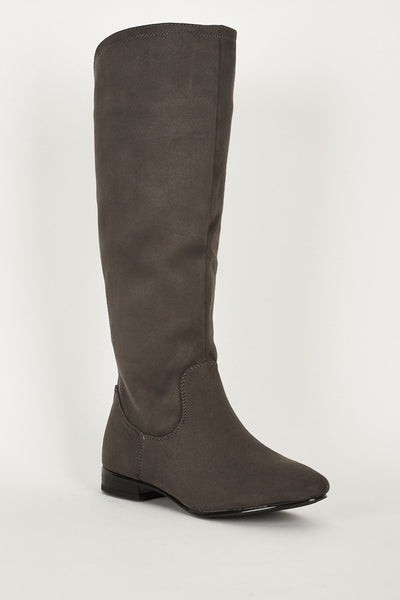 Trendy Grey Suedette Low Heels Calf Boots