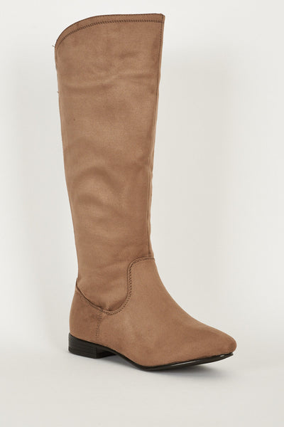 Brown Faux Suede Elastic Back Pane Flat Calf Length Boots