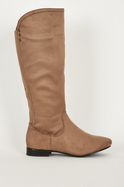 Brown Faux Suede Elastic Back Pane Flat Calf Length Boots