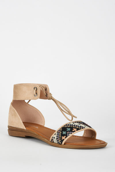 Beige Faux Suede Tapestry Detail Sandal