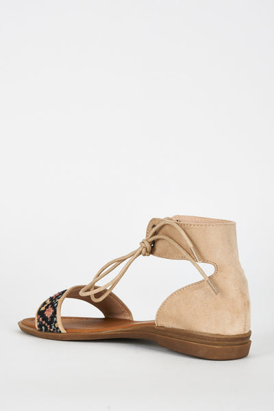 Beige Faux Suede Tapestry Detail Sandal