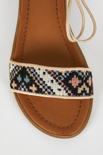 Beige Faux Suede Tapestry Detail Sandal