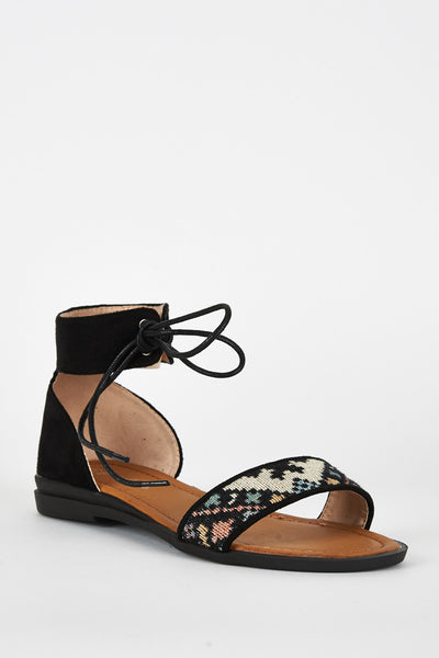 Black Faux Suede Tapestry Detail Sandal