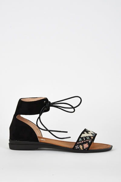 Black Faux Suede Tapestry Detail Sandal