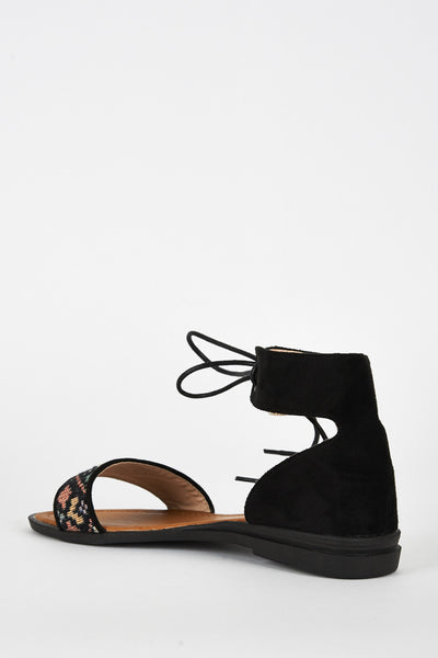 Black Faux Suede Tapestry Detail Sandal