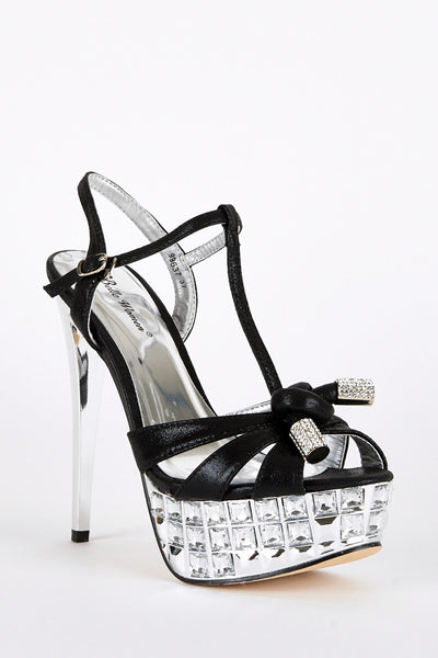 Black and Silver Stiletto Heel Platform T-Bar Sandal