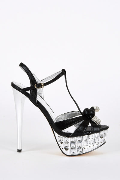 Black and Silver Stiletto Heel Platform T-Bar Sandal