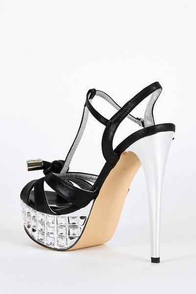 Black and Silver Stiletto Heel Platform T-Bar Sandal