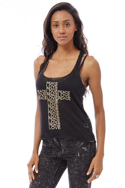 Burnout Racerback Tank Top with Love and Peace Print