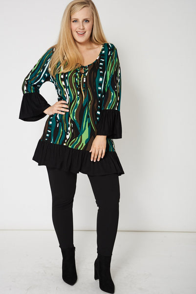 Frilled Hem And Cuff Tunic With Abstract Print