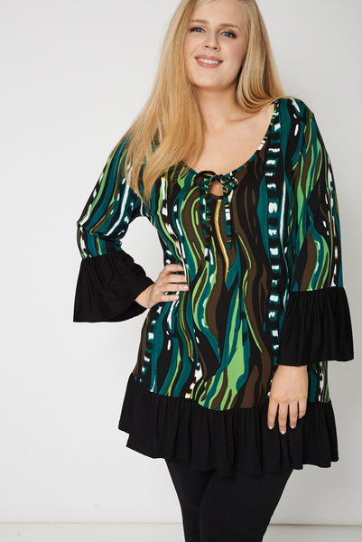 Frilled Hem And Cuff Tunic With Abstract Print