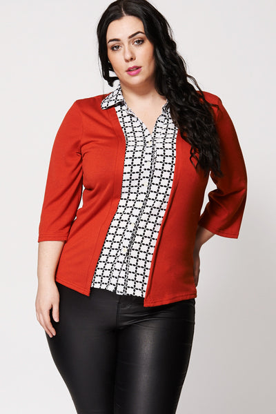 Patterned Front Shirt And Cardigan Two-In-One