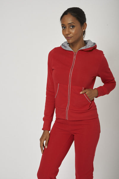 Red Hoody With full Zip And Contrast Piping