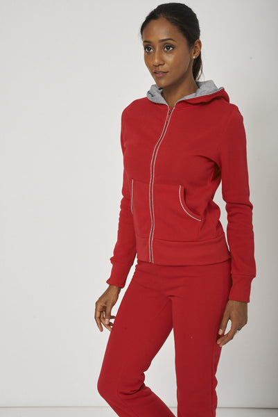 Red Hoody With full Zip And Contrast Piping