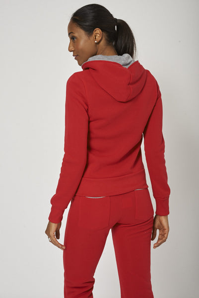 Red Hoody With full Zip And Contrast Piping