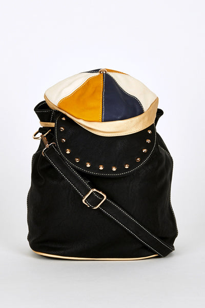 Hat Shaped Flap Leatherette Backpack Bucket Bag In Black